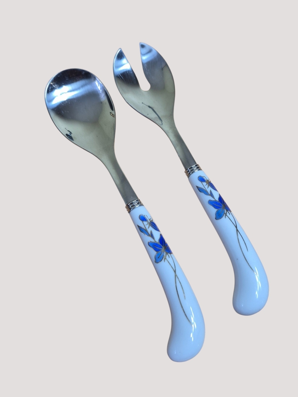 Vintage Blue Floral Porcelain Salad Servers - 2 Piece Stainless Steel Set